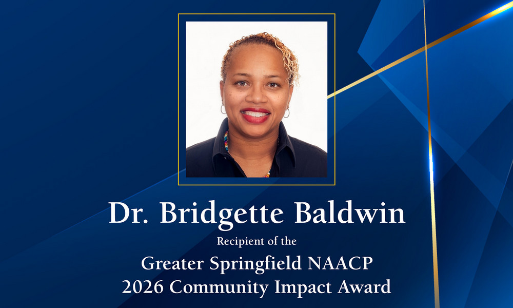 Graphic of headshot of Bridgitte Baldwin with text below her photo announcing her award as the 2027 Greater Springfield NAACP Community Impact Award winner.